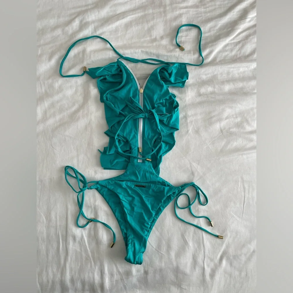Antoninias Hortenzis Ruffle One-Piece Swimsuit | XS | Petrol | NWOT